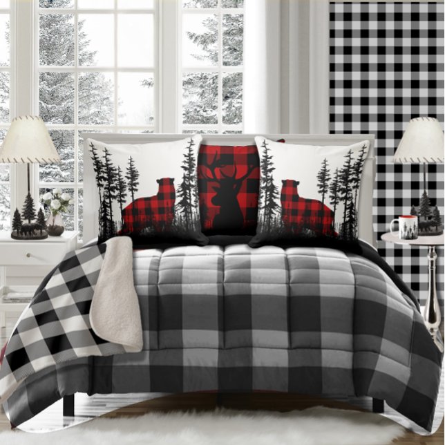 Black & White Woodland Forest Buffalo Plaid Bear  Cushion (Creator Uploaded)