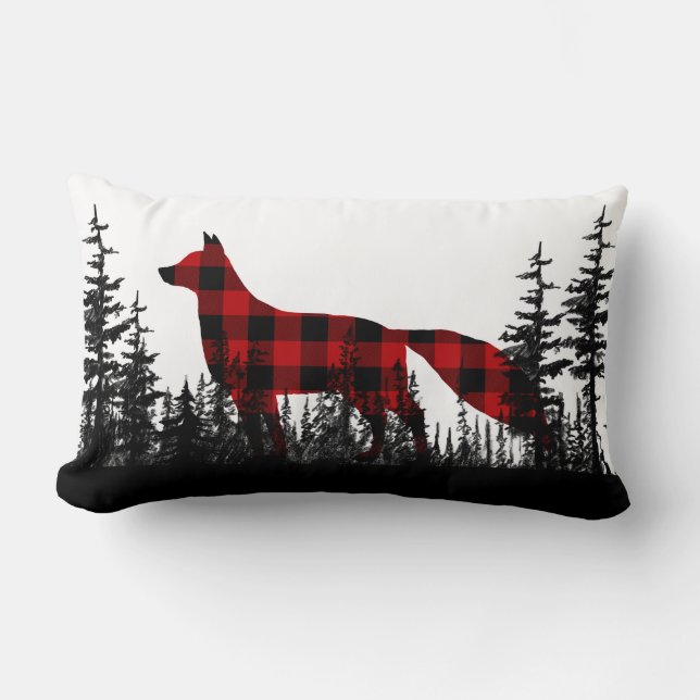 Black & White Woodland Forest Buffalo Plaid Fox Lumbar Cushion (Front)