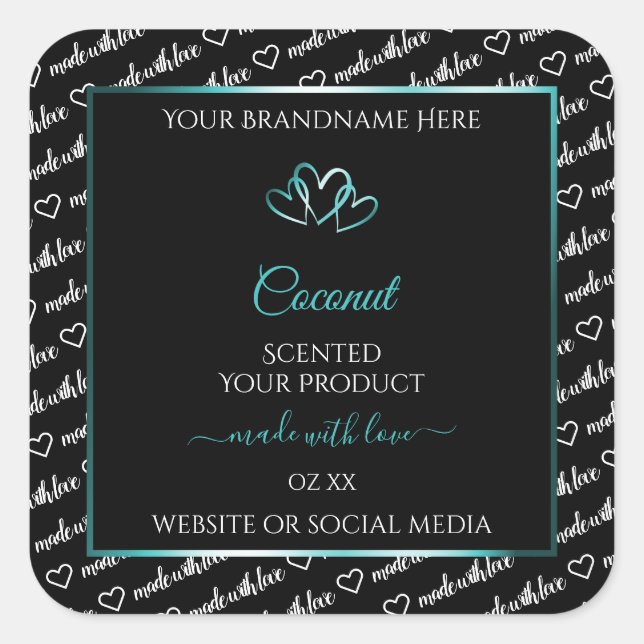 Black White Word Cloud Product Labels Teal Hearts (Front)