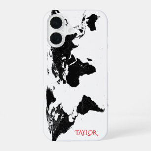 Black & White World Map – Personalised iPhone 16 Case