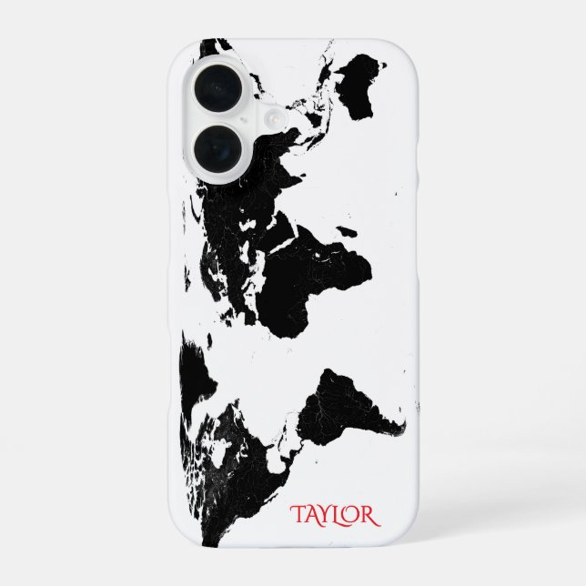 Black & White World Map – Personalised iPhone 16 Case (Back)