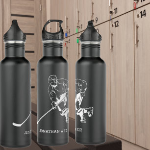 Black & White Wrap Around Hockey Player Monogram  710 Ml Water Bottle