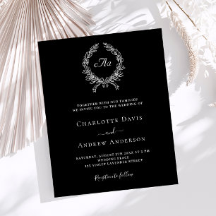 Black white wreath monogram wedding invitation