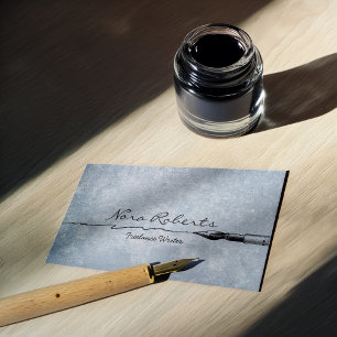 Black White Writers Authors Dip Pen on Blue Paper Business Card