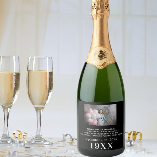 Black white year born photo bio birthday party sparkling wine label (Creator Uploaded)