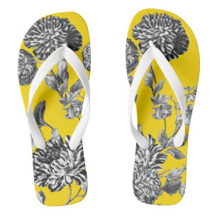 Black & White Yellow Botanical Floral Toile Jandals