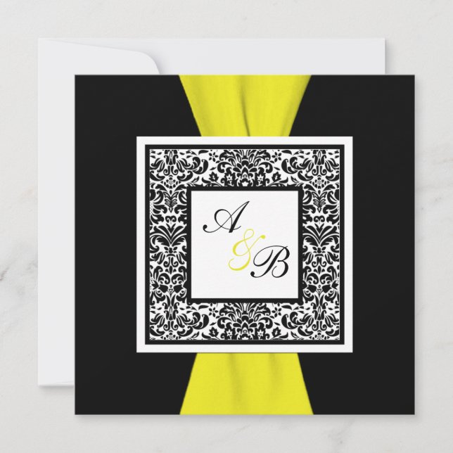Black, White, Yellow Damask PRINTED RIBBON Invitation (Front)