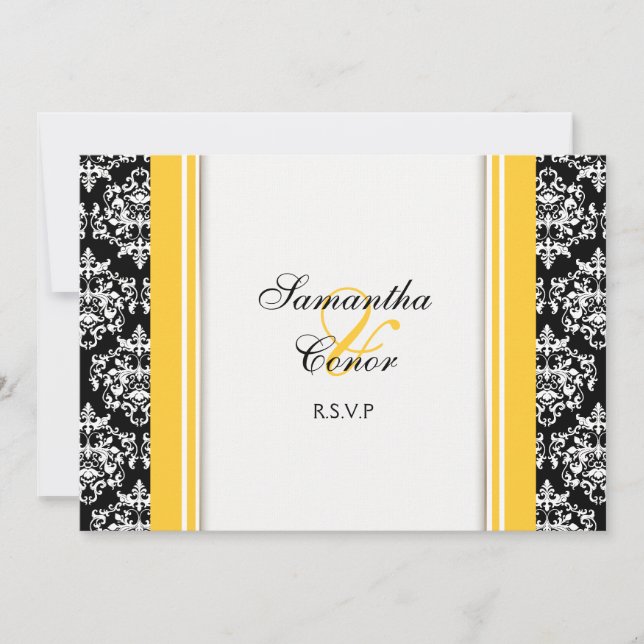 Black white yellow damask wedding engagement invitation (Front)