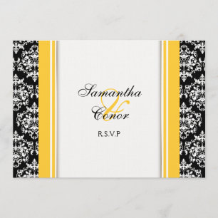 Black white yellow damask wedding engagement invitation