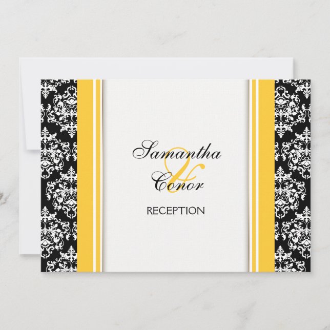 Black white yellow damask wedding engagement invitation (Front)