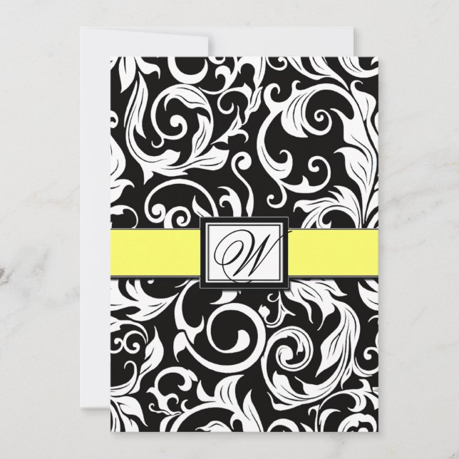 Black White & Yellow Damask Wedding Invitations (Front)