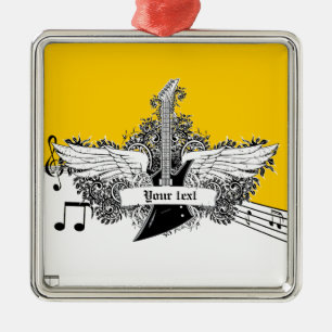 Black white yellow electric guitar with wings metal tree decoration