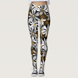 Black, White, Yellow Elegant Daisy Floral Abstract Leggings