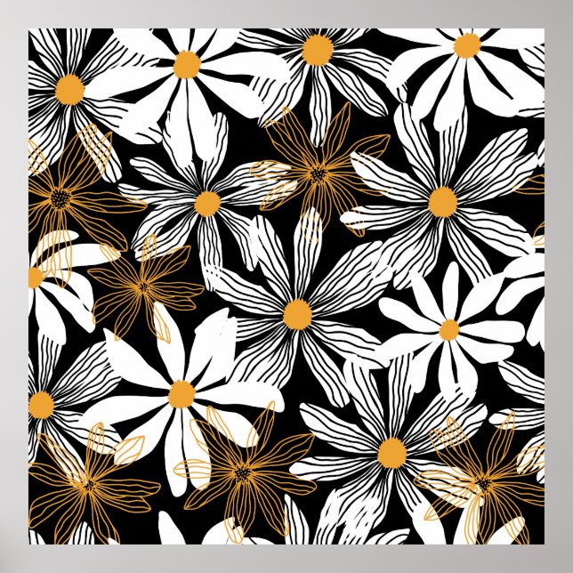 Black, White, Yellow Elegant Daisy Floral Abstract Poster (Front)