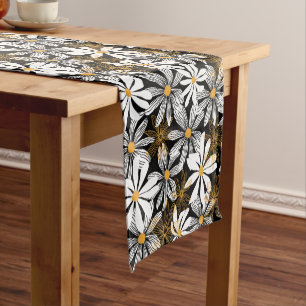 Black, White, Yellow Elegant Daisy Floral Abstract Short Table Runner