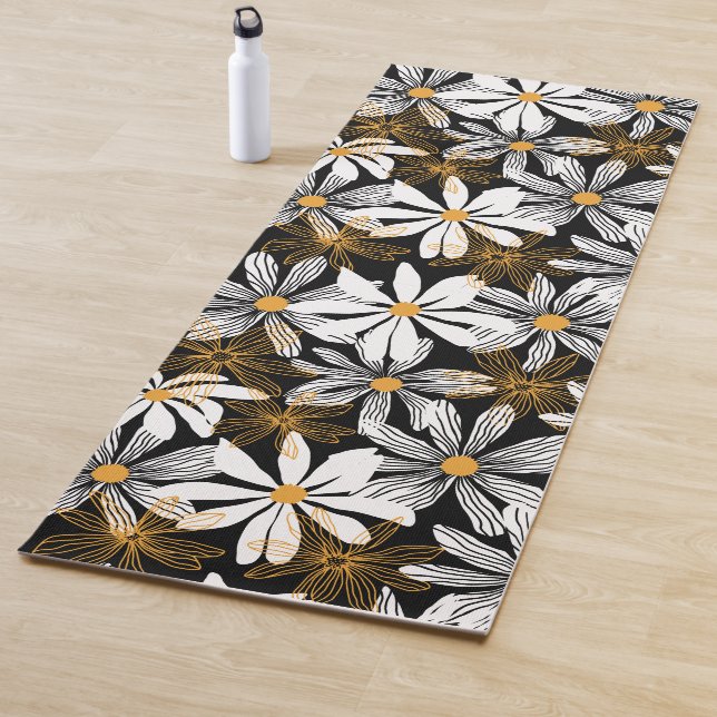 Black, White, Yellow Elegant Daisy Floral Abstract Yoga Mat (In Situ)