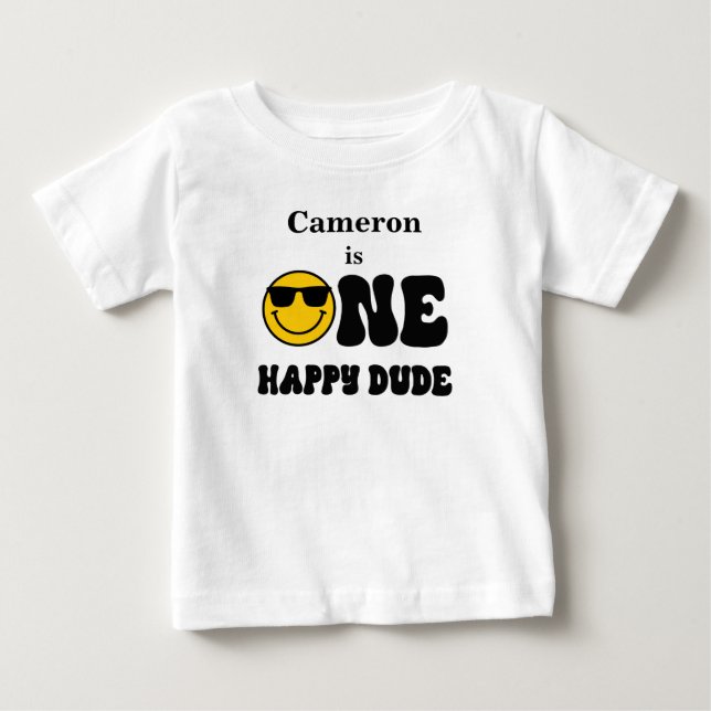 Black White Yellow One Happy Dude 1st Birthday  Baby T-Shirt (Front)