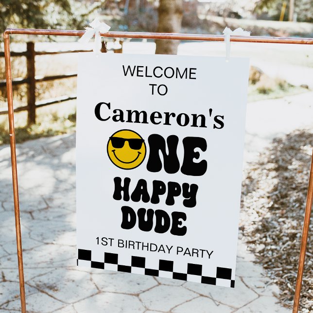 Black White Yellow One Happy Dude Welcome Sign (One happy dude 1st birthday welcome poster featuring a checkerboard, yellow face and retro text.)