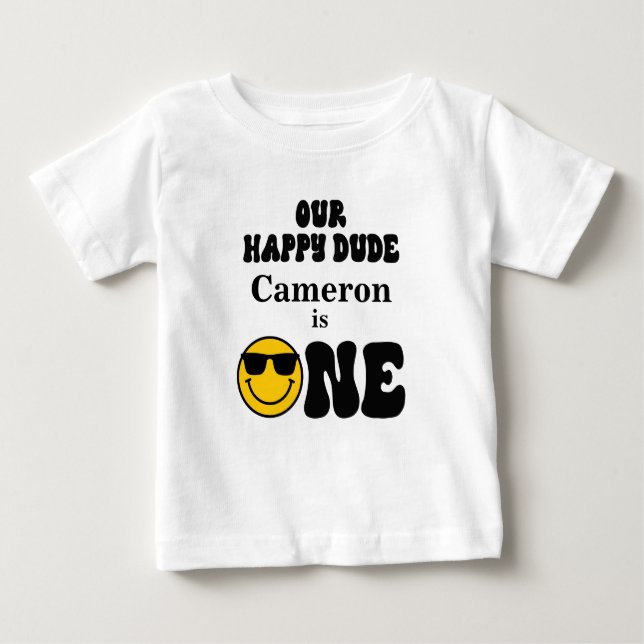 Black White Yellow Our Happy Dude 1st Birthday  Baby T-Shirt (Front)