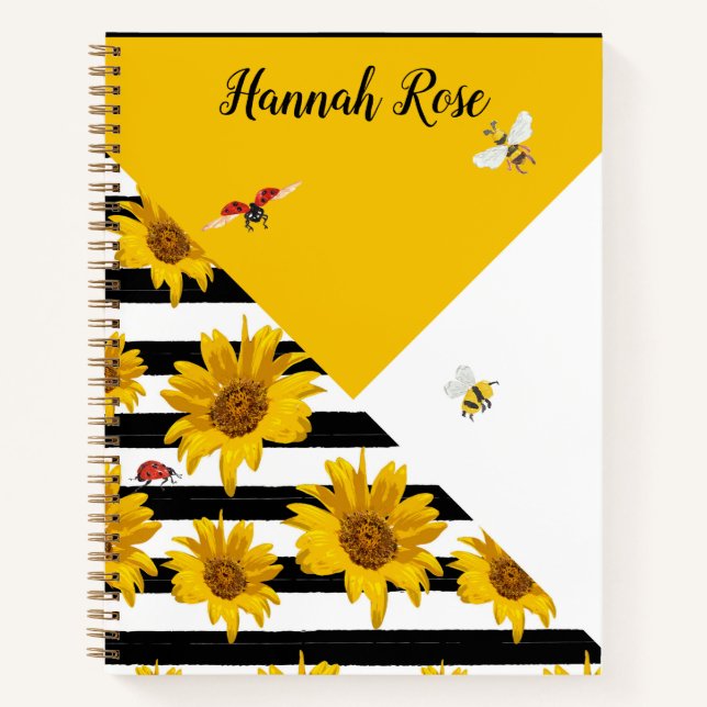 Black White Yellow Sunflowers Bees Ladybugs Notebook (Front)