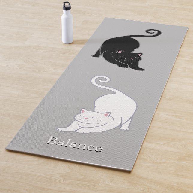 Black & White Yoga Cats on Light Silver Grey Yoga Mat (In Situ)