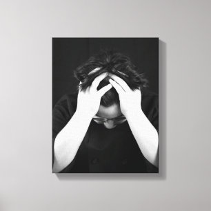 Black & White Young Man Head in Hands 11x14 Canvas Print