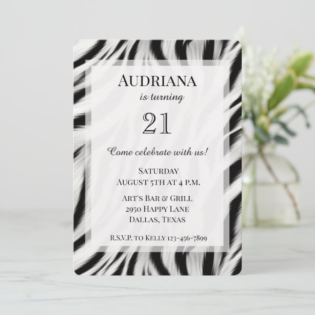 Black White Zebra Animal Print Birthday Invitation (Standing Front)