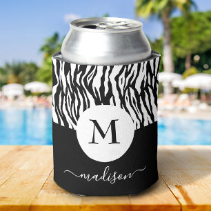 Black White Zebra Animal Print Monogram Name Chic Can Cooler