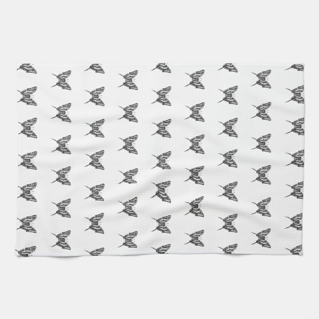 Black & White Zebra Butterfly Ink Drawing Pattern Tea Towel (Horizontal)