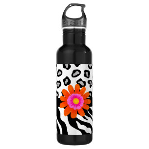 Black & White Zebra & Cheetah Skin & Orange Flower 710 Ml Water Bottle