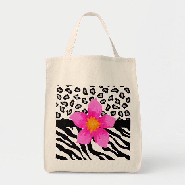 Black & White Zebra & Cheetah Skin & Pink Flower Tote Bag (Front)