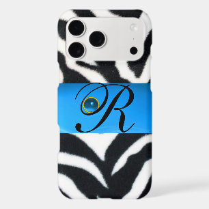 BLACK WHITE ZEBRA FUR AQUA BLUE GEM MONOGRAM,