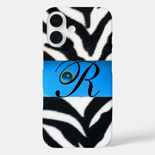 BLACK WHITE ZEBRA FUR AQUA BLUE GEM MONOGRAM Case-Mate iPhone CASE (Back)