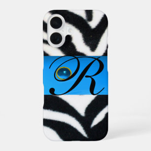 BLACK WHITE ZEBRA FUR AQUA BLUE GEM MONOGRAM iPhone 16 CASE