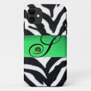 BLACK WHITE ZEBRA FUR EMERALD GREEN GEM MONOGRAM, iPhone 11 CASE