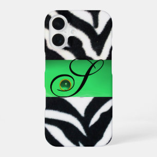 BLACK WHITE ZEBRA FUR EMERALD GREEN GEM MONOGRAM iPhone 16 CASE