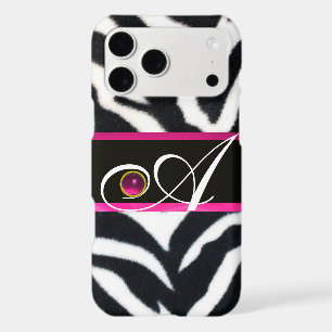 BLACK WHITE ZEBRA FUR FUCHSIA PINK GEM MONOGRAM