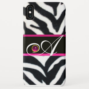 BLACK WHITE ZEBRA FUR FUCHSIA PINK GEM MONOGRAM iPhone XS MAX CASE