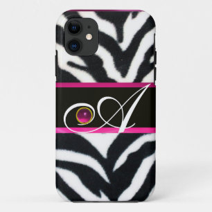 BLACK WHITE ZEBRA FUR FUCHSIA PINK GEM MONOGRAM, iPhone 11 CASE