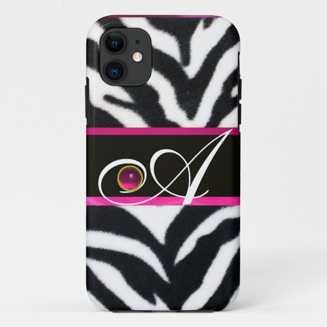 BLACK WHITE ZEBRA FUR FUCHSIA  PINK GEM MONOGRAM, Case-Mate iPhone CASE (Back)