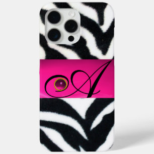 BLACK WHITE ZEBRA FUR  FUCHSIA  PINK GEM MONOGRAM, iPhone 15 PRO MAX CASE