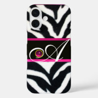BLACK WHITE ZEBRA FUR FUCHSIA PINK GEM MONOGRAM,