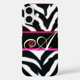 BLACK WHITE ZEBRA FUR FUCHSIA PINK GEM MONOGRAM, iPhone 16 CASE