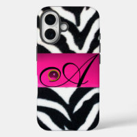 BLACK WHITE ZEBRA FUR FUCHSIA PINK GEM MONOGRAM,