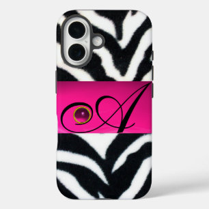 BLACK WHITE ZEBRA FUR  FUCHSIA  PINK GEM MONOGRAM, iPhone 16 CASE