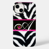 BLACK WHITE ZEBRA FUR FUCHSIA PINK GEM MONOGRAM,