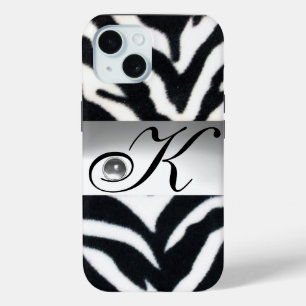 BLACK WHITE ZEBRA FUR GREY GEM MONOGRAM, iPhone 15 CASE