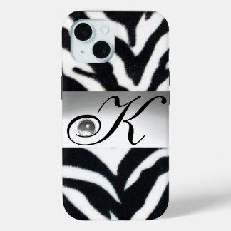 BLACK WHITE ZEBRA FUR GREY GEM MONOGRAM, iPhone 15 CASE