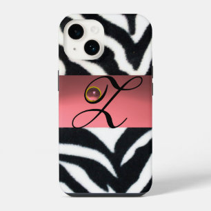 BLACK WHITE ZEBRA FUR PINK GEM MONOGRAM, iPhone 14 CASE