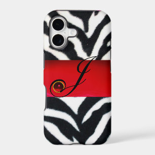 BLACK WHITE ZEBRA FUR RED GEM MONOGRAM,